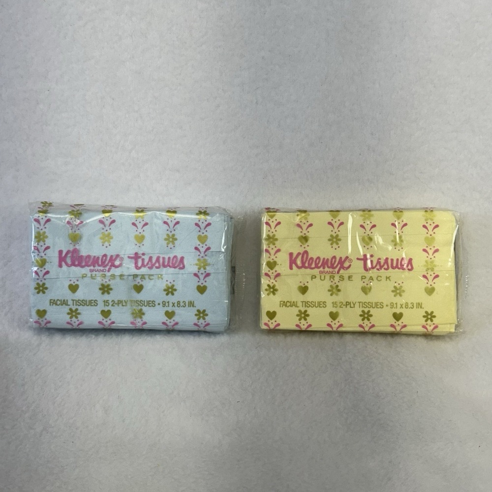 2 Vintage 1978 Kleenex Tissues Purse Packs 2-ply BLUE YELLOW Props NOS Retro